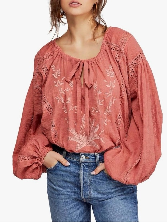 Free People Tops - Free People Maria Maria Lace Embroidered Peasant Blouse Terrocatta L Oversized